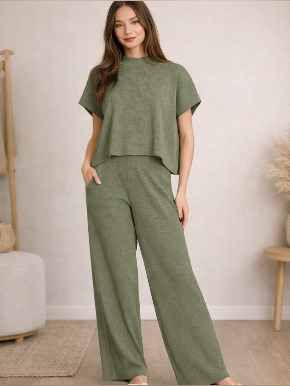 NEW Zenana Ribbed Olive Green Matching Set Top & High-Rise Pants Size Large